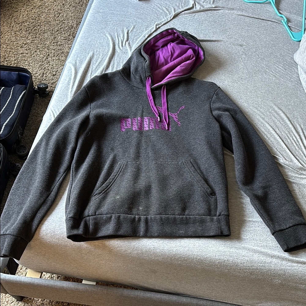 Puma Charcoal Hoodie with Vibrant Purple Accents